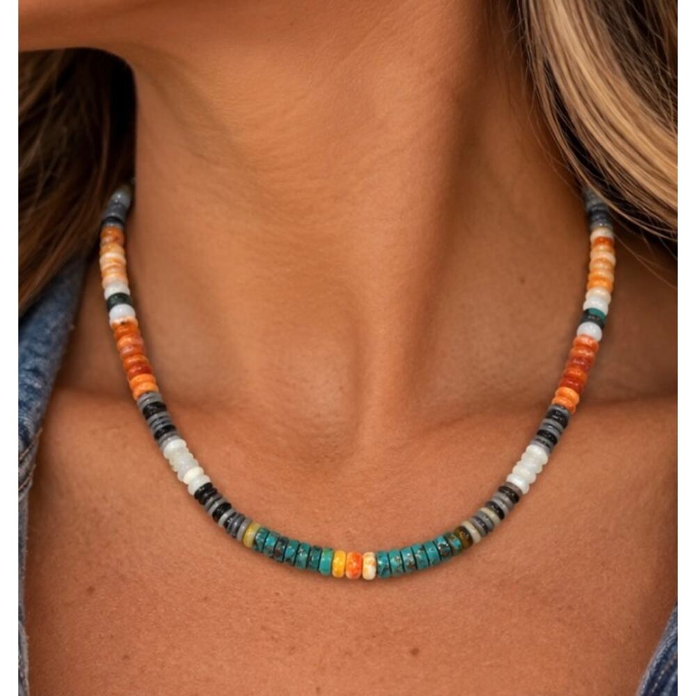 Desert Sunset Turquoise & Spiny Oyster Heishi Necklace – 20"
